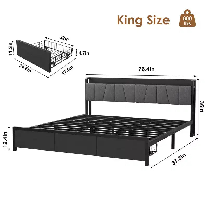 Estructura de cama Whizmax King Size con cabecero tapizado, cama de plataforma industrial King con 2 cajones de almacenamiento y estación de carga, no necesita somier