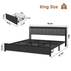 Estructura de cama Whizmax King Size con cabecero tapizado, cama de plataforma industrial King con 2 cajones de almacenamiento y estación de carga, no necesita somier