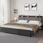 Estructura de cama Whizmax King Size con cabecero tapizado, cama de plataforma industrial King con 2 cajones de almacenamiento y estación de carga, no necesita somier