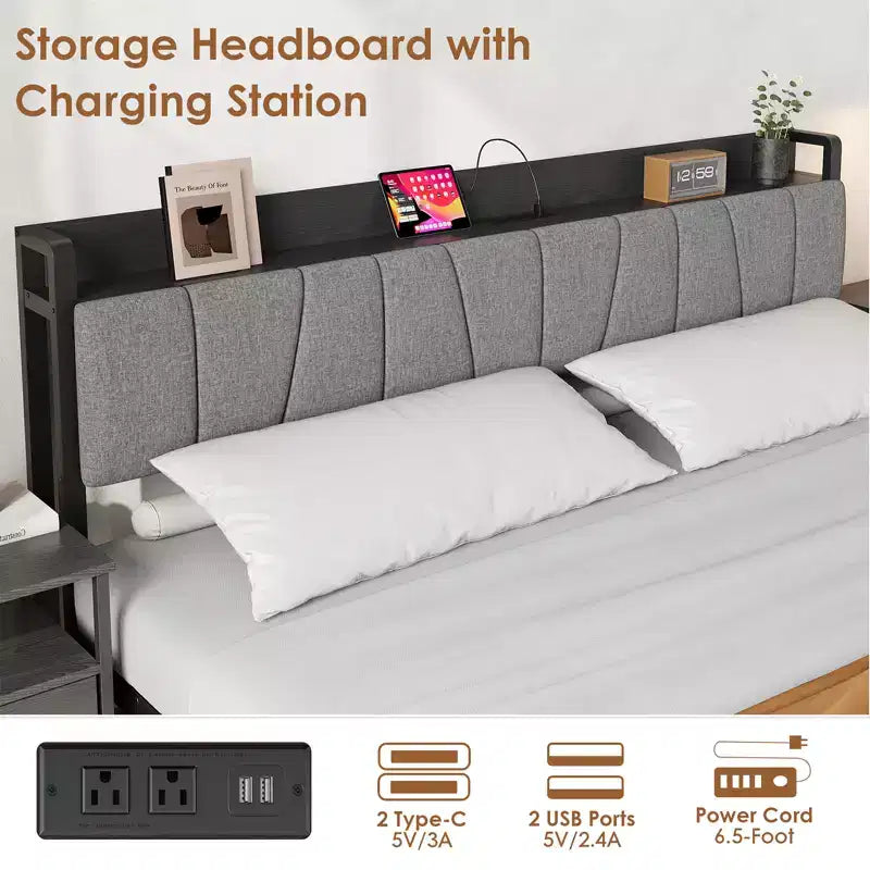 Estructura de cama Whizmax King Size con cabecero tapizado, cama de plataforma industrial King con 2 cajones de almacenamiento y estación de carga, no necesita somier
