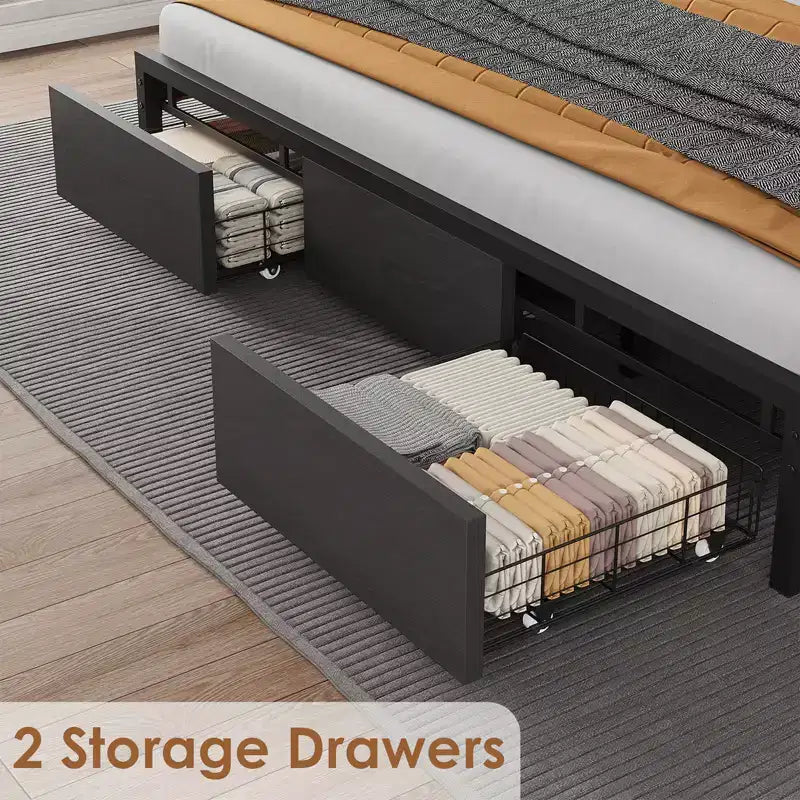 Estructura de cama Whizmax King Size con cabecero tapizado, cama de plataforma industrial King con 2 cajones de almacenamiento y estación de carga, no necesita somier