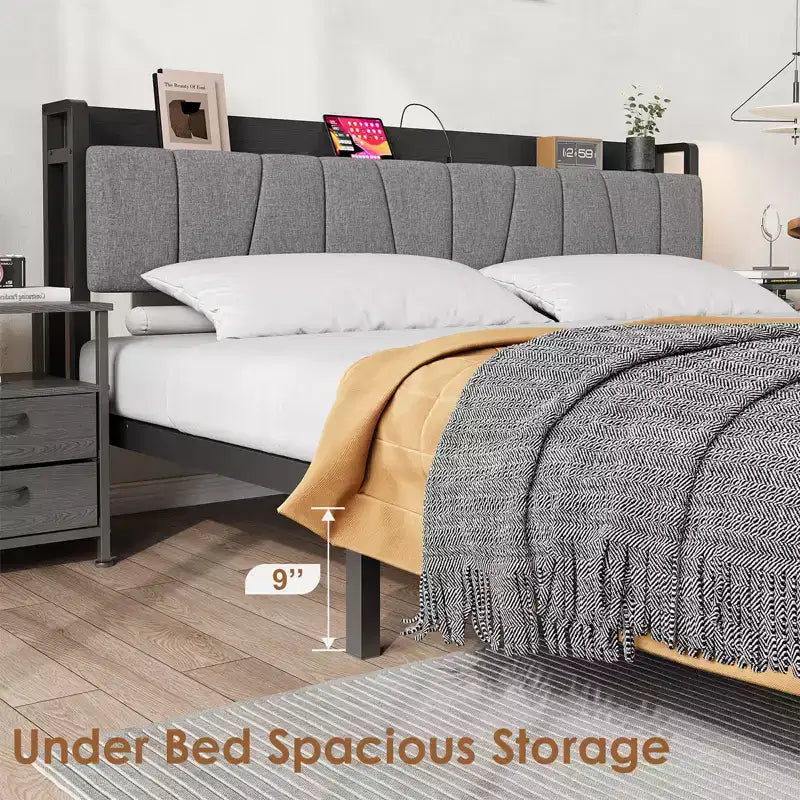 Estructura de cama Whizmax King Size con cabecero tapizado, cama de plataforma industrial King con 2 cajones de almacenamiento y estación de carga, no necesita somier