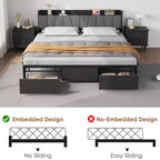 Estructura de cama Whizmax King Size con cabecero tapizado, cama de plataforma industrial King con 2 cajones de almacenamiento y estación de carga, no necesita somier