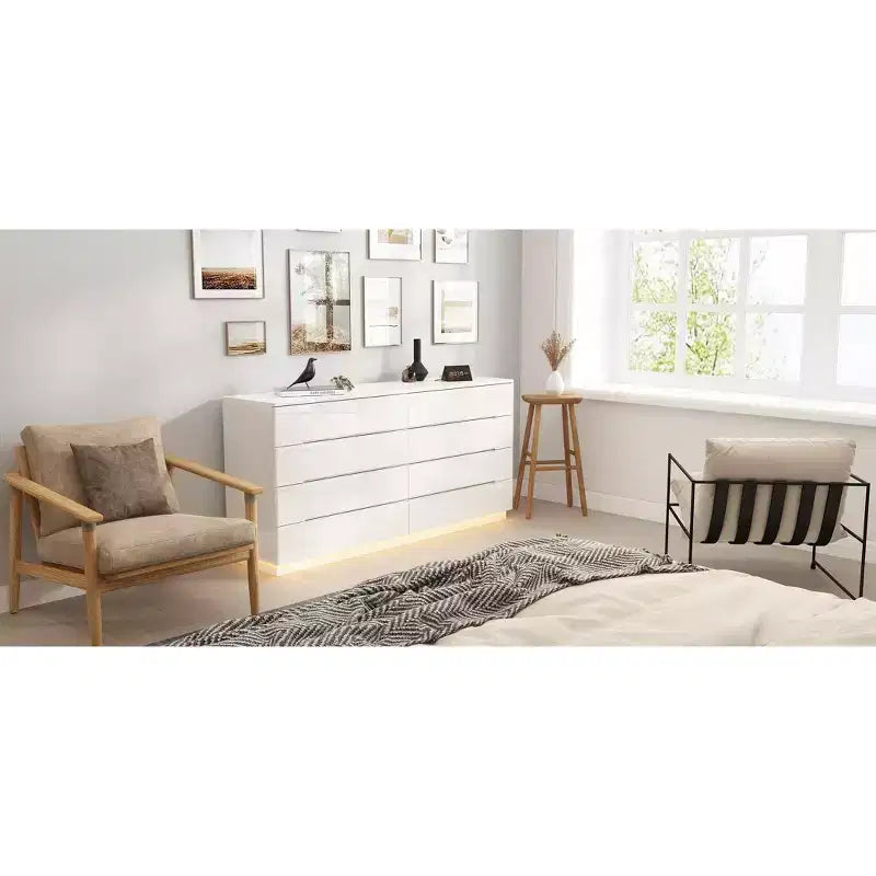 Cómoda Hitow de 8 cajones con luz inferior, acabado de alto brillo, cómoda moderna