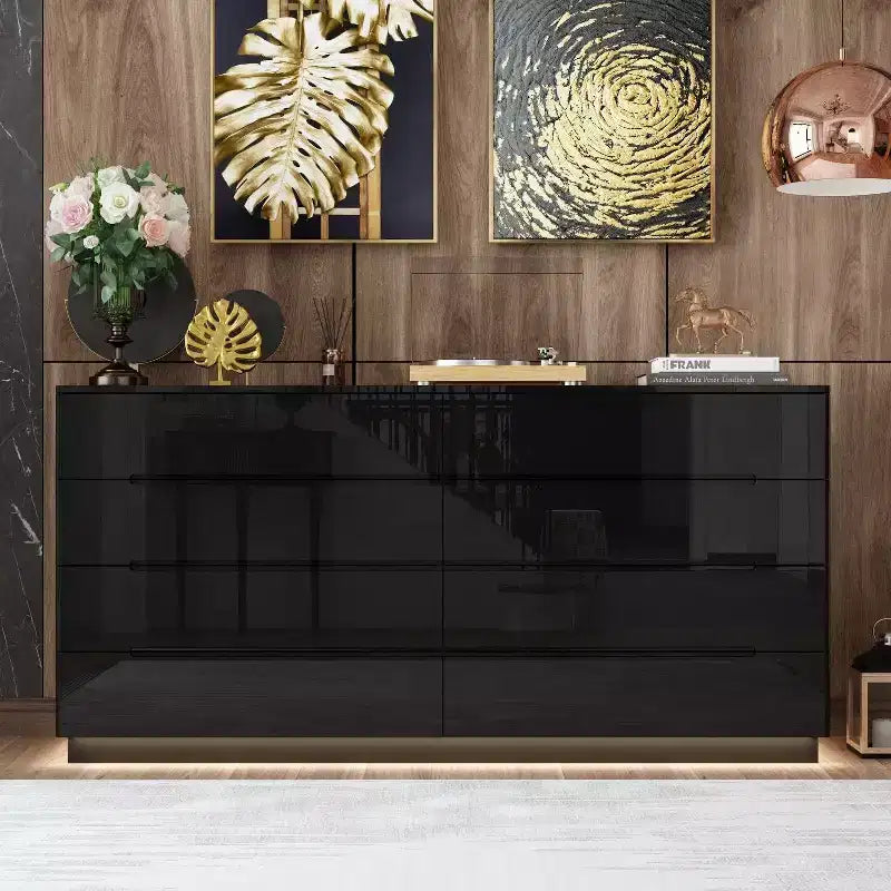 Cómoda Hitow de 8 cajones con luz inferior, acabado de alto brillo, cómoda moderna