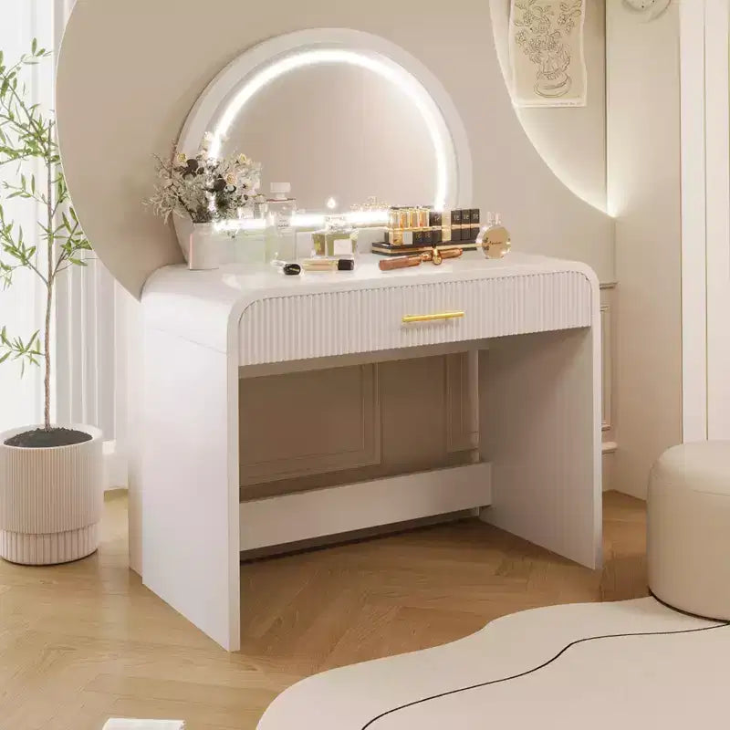 Tocador de 40 W Mesa de maquillaje con espejo iluminado con pantalla táctil y cajón grande, blanco-ModernLuxe
