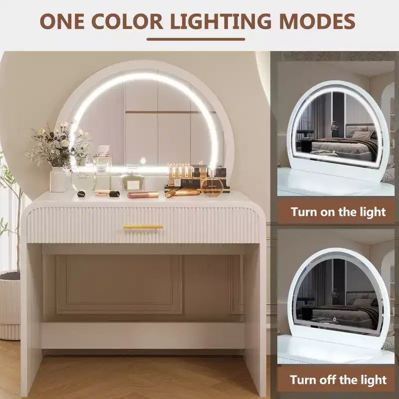 Tocador de 40 W Mesa de maquillaje con espejo iluminado con pantalla táctil y cajón grande, blanco-ModernLuxe