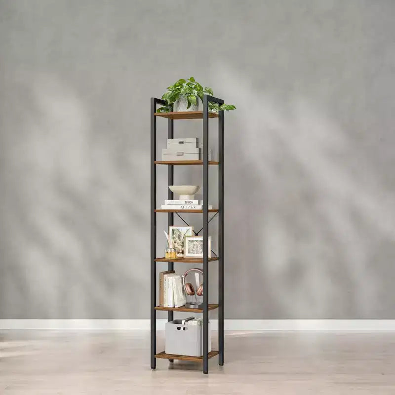 Estantería estrecha alta de 6 niveles, estantería delgada con marco de acero para sala de estar, oficina en casa, estudio - Estilo industrial, 11.8 x 15.7 x 73.8 pulgadas