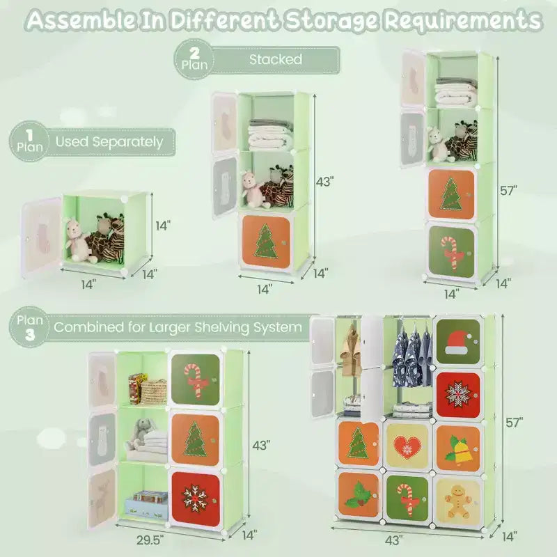 Costway Armario infantil de 12 cubos, cómoda para bebé, aparador de dormitorio, armario para colgar ropa con puertas, rosa/verde
