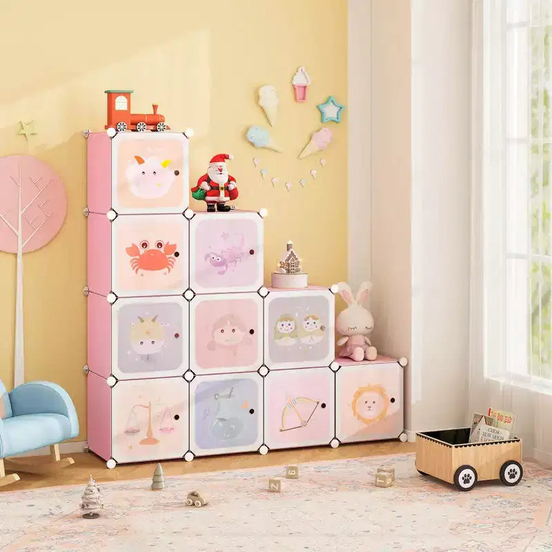Costway Armario infantil de 12 cubos, cómoda para bebé, aparador de dormitorio, armario para colgar ropa con puertas, rosa/verde