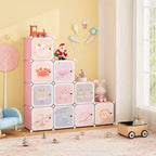 Costway Armario infantil de 12 cubos, cómoda para bebé, aparador de dormitorio, armario para colgar ropa con puertas, rosa/verde
