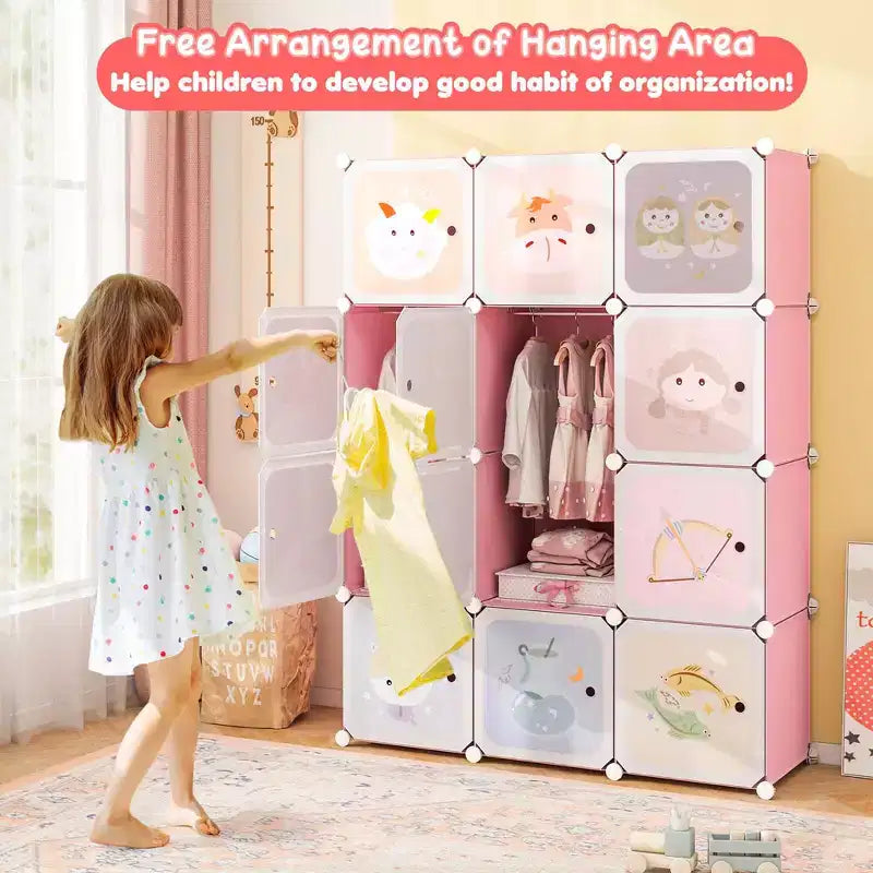 Costway Armario infantil de 12 cubos, cómoda para bebé, aparador de dormitorio, armario para colgar ropa con puertas, rosa/verde