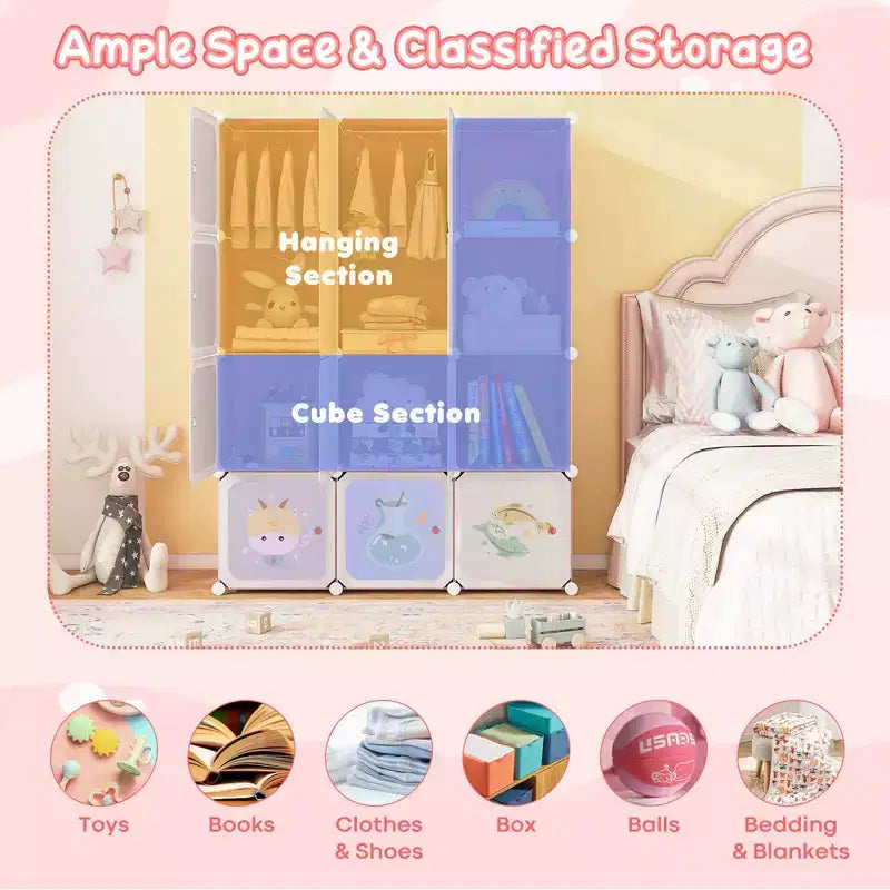 Costway Armario infantil de 12 cubos, cómoda para bebé, aparador de dormitorio, armario para colgar ropa con puertas, rosa/verde