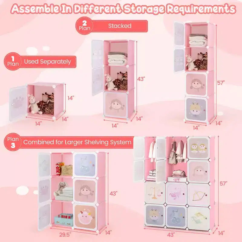 Costway Armario infantil de 12 cubos, cómoda para bebé, aparador de dormitorio, armario para colgar ropa con puertas, rosa/verde