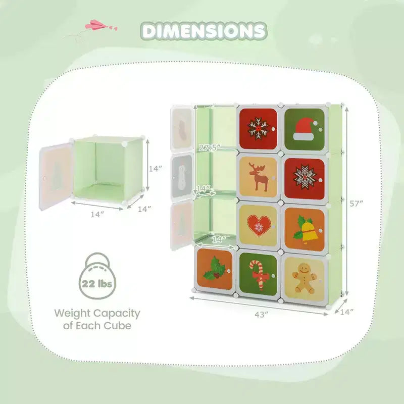 Costway Armario infantil de 12 cubos, cómoda para bebé, aparador de dormitorio, armario para colgar ropa con puertas, rosa/verde