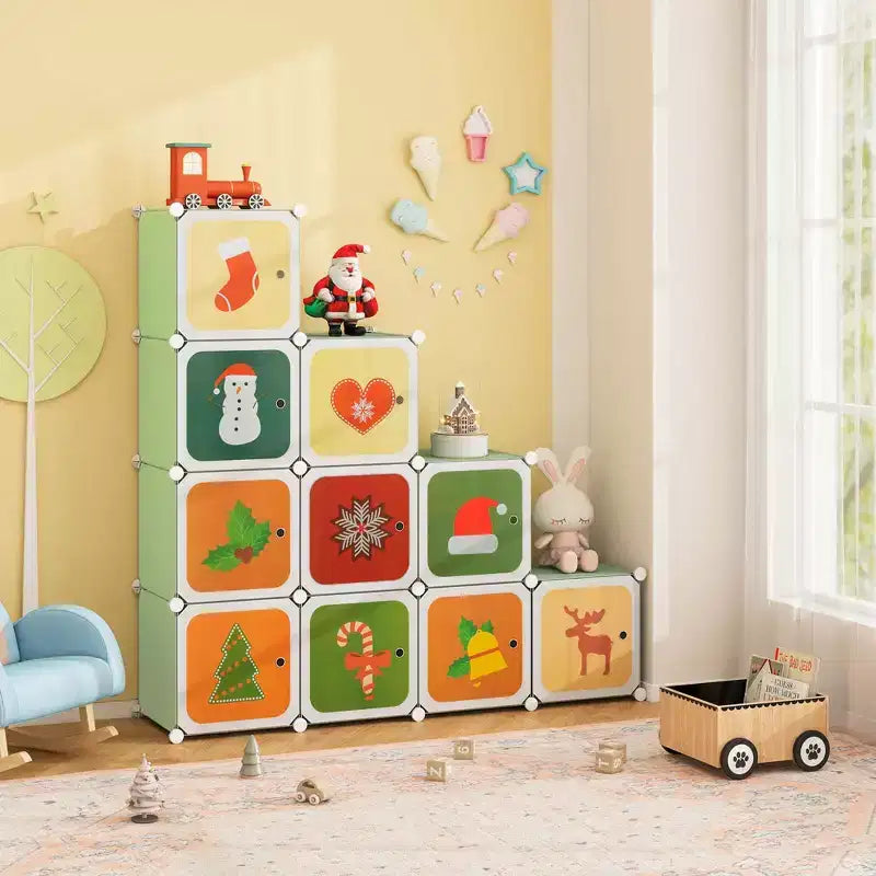 Costway Armario infantil de 12 cubos, cómoda para bebé, aparador de dormitorio, armario para colgar ropa con puertas, rosa/verde