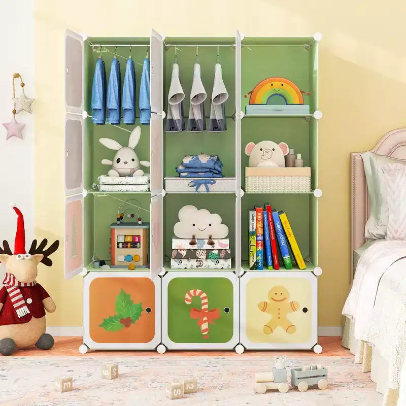 Costway Armario infantil de 12 cubos, cómoda para bebé, aparador de dormitorio, armario para colgar ropa con puertas, rosa/verde