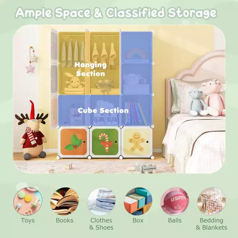 Costway Armario infantil de 12 cubos, cómoda para bebé, aparador de dormitorio, armario para colgar ropa con puertas, rosa/verde