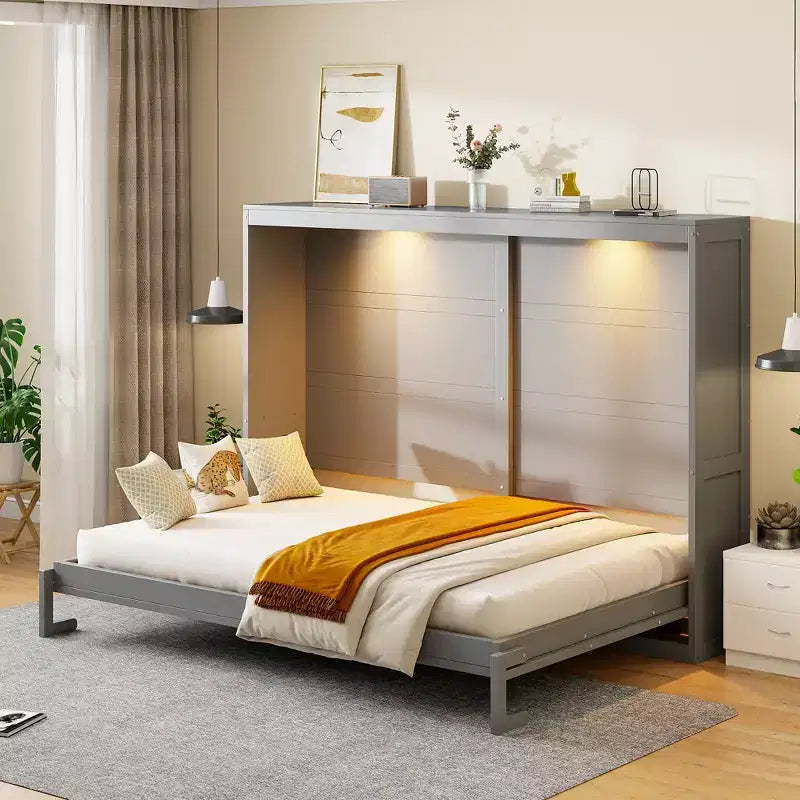 Cama de pared Queen Size Murphy con luces LED, blanco/gris-ModernLuxe