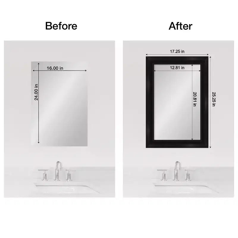 Kit de borde de marco de espejo de baño Amanti Art Mirror Makeover - Marco pelable y pegable completamente ensamblado - Espejo NO incluido - Moldura estrecha Grand Black