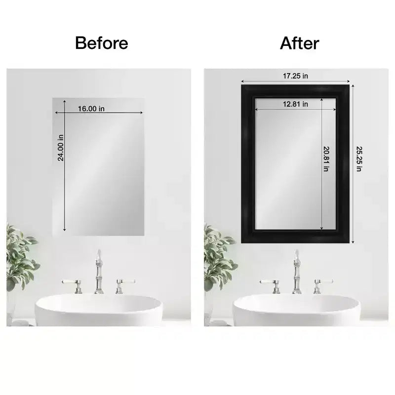 Kit de borde de marco de espejo de baño Amanti Art Mirror Makeover - Marco pelable y pegable completamente ensamblado - Espejo NO incluido - Moldura estrecha Grand Black