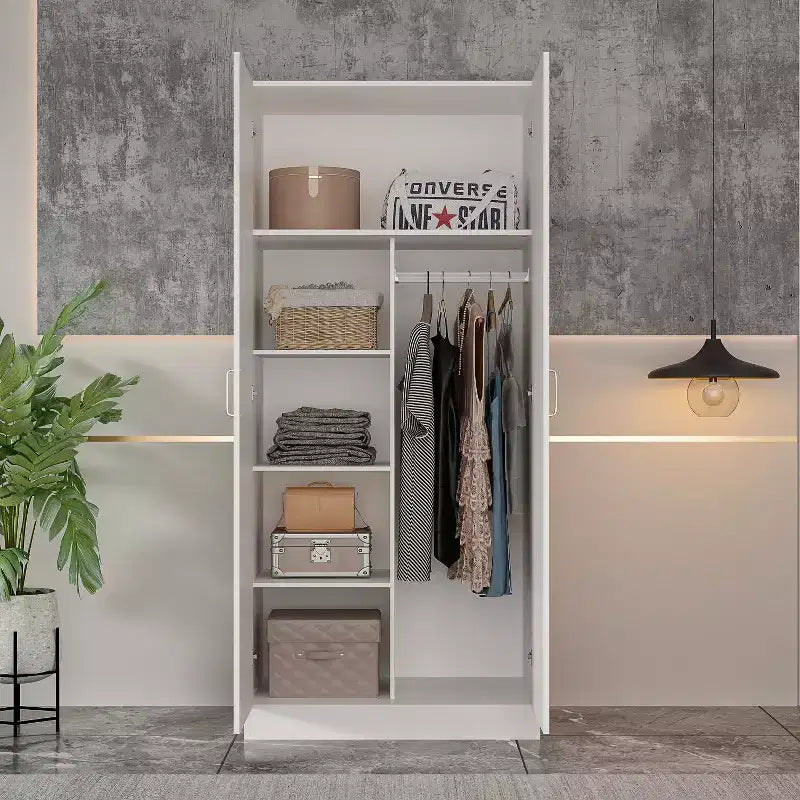 Armario de dos puertas blanco minimalista Famapy con barra para colgar y almacenamiento organizado