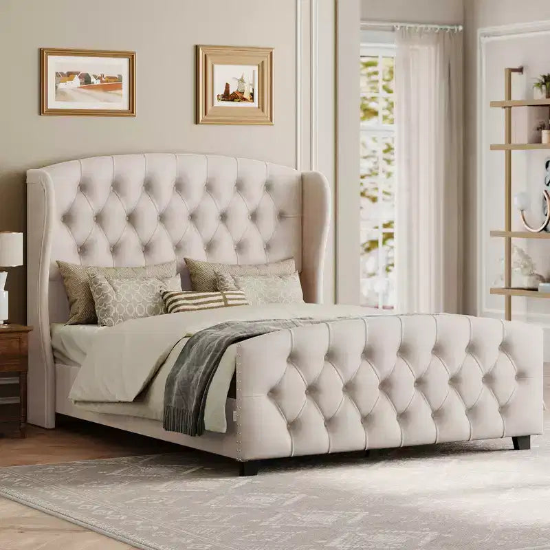 VASAGLE Queen Bed Frame with Tall Headboard, Upholstered Platform Bed Frame Queen Size, with Wingback Tufted Headboard Cappuccino Beige