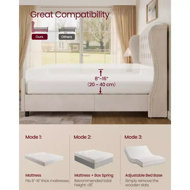 VASAGLE Cama Queen con Cabecero Alto, Base de Cama Tapizada Queen Size, con Cabecero Capitoné con Laterales Color Beige Capuchino