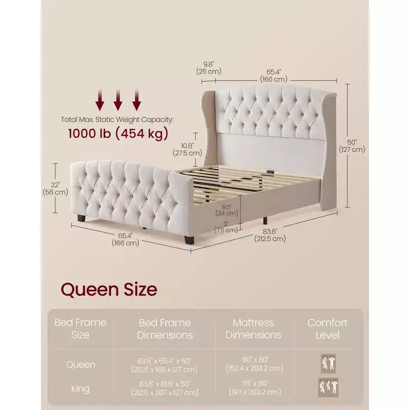 VASAGLE Cama Queen con Cabecero Alto, Base de Cama Tapizada Queen Size, con Cabecero Capitoné con Laterales Color Beige Capuchino