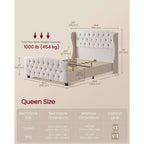 VASAGLE Cama Queen con Cabecero Alto, Base de Cama Tapizada Queen Size, con Cabecero Capitoné con Laterales Color Beige Capuchino