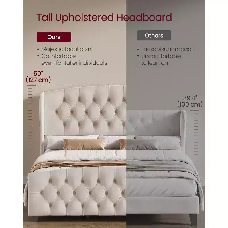 VASAGLE Cama Queen con Cabecero Alto, Base de Cama Tapizada Queen Size, con Cabecero Capitoné con Laterales Color Beige Capuchino