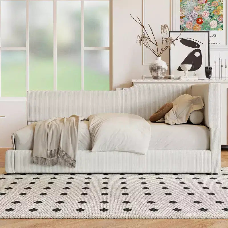 Cama nido tapizada en pana con forma de L, tamaño doble/matrimonial, con dos camas individuales, 4D - ModernLuxe