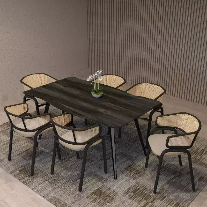 Juego de 4 sillas de comedor LeisureMod Ervilla con respaldo de mimbre y asiento de cuero con estructura de acero negro, cocina moderna de interior, comedor, asientos de mesa