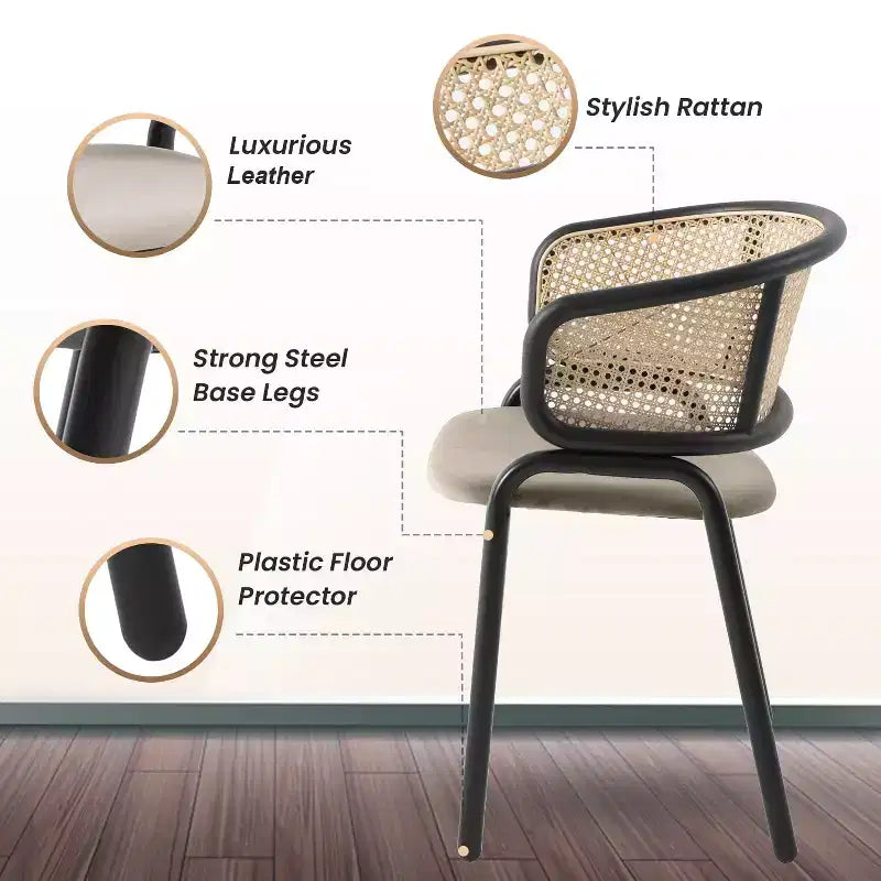 Juego de 4 sillas de comedor LeisureMod Ervilla con respaldo de mimbre y asiento de cuero con estructura de acero negro, cocina moderna de interior, comedor, asientos de mesa