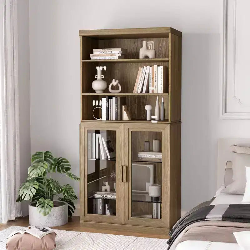 PexFix 36x31x16 Gabinete auxiliar de madera con estante ajustable, armario de almacenamiento natural-puerta de vidrio