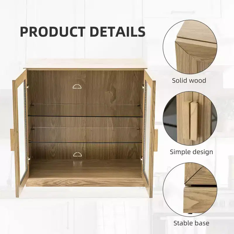 PexFix 36x31x16 Gabinete auxiliar de madera con estante ajustable, armario de almacenamiento natural-puerta de vidrio