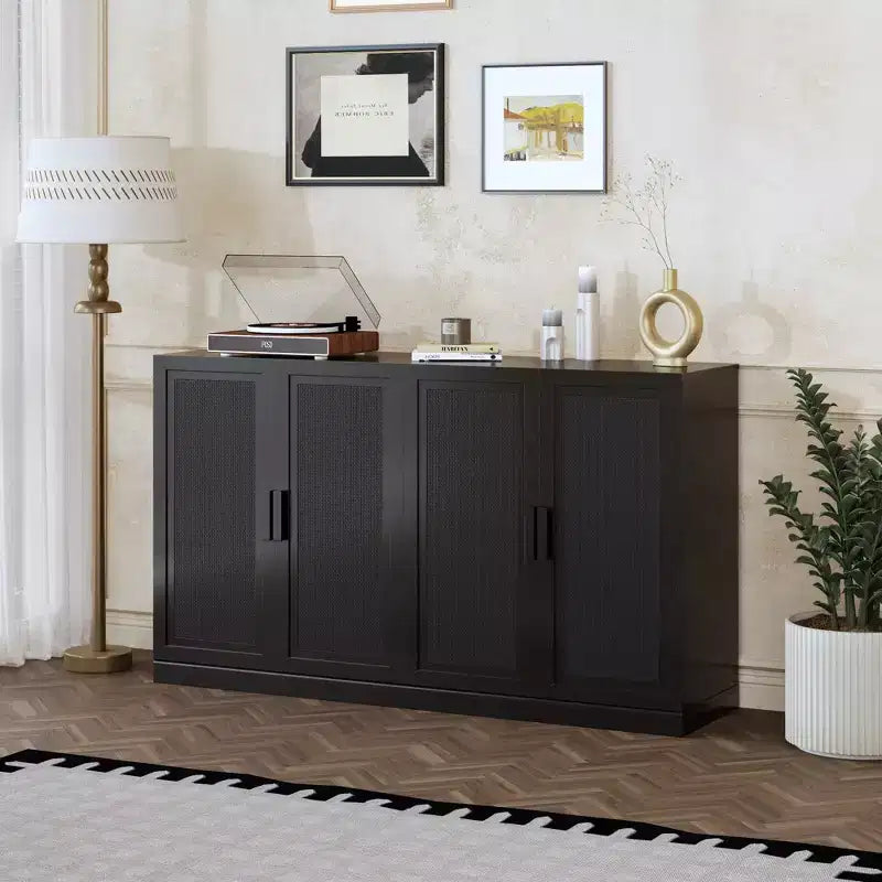 PexFix Gabinete acentuado de madera de ratán de 36x31x16 con estante ajustable Gabinete de almacenamiento Negro