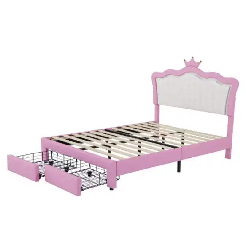 Estructura de cama tapizada de una sola dimensión con luces LED, cama moderna de princesa con cabecero de corona y cajón.