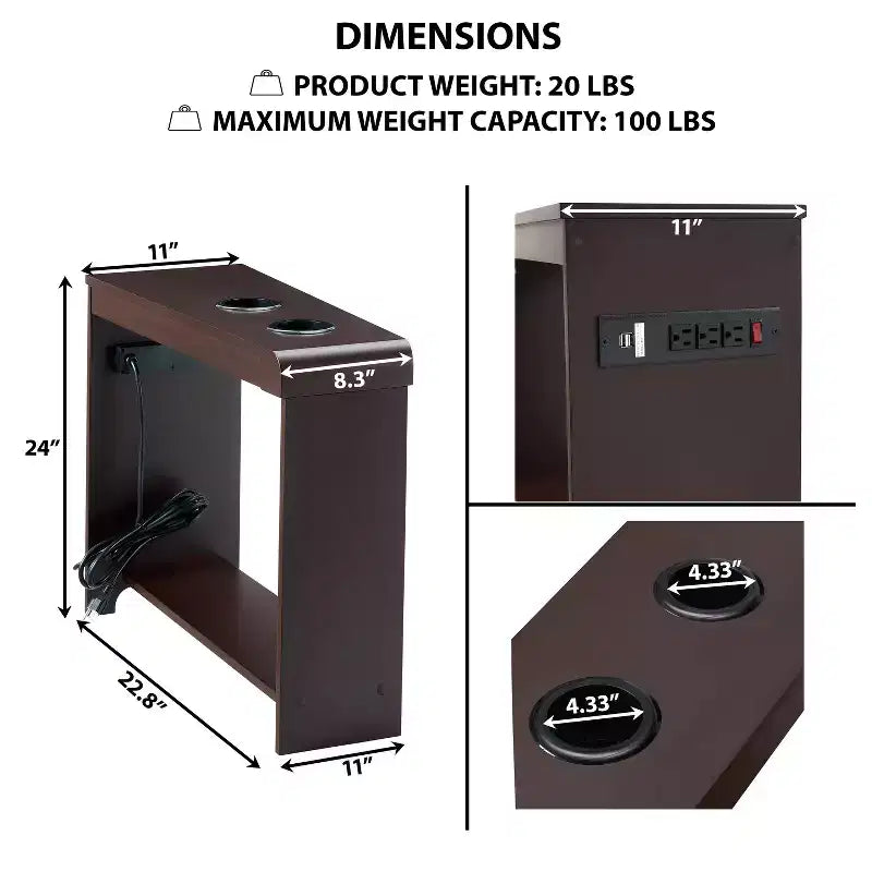 Mesa auxiliar de Home Imports Emporium con puertos USB y tomas de corriente, mesa auxiliar estrecha para dormitorio y sala de estar