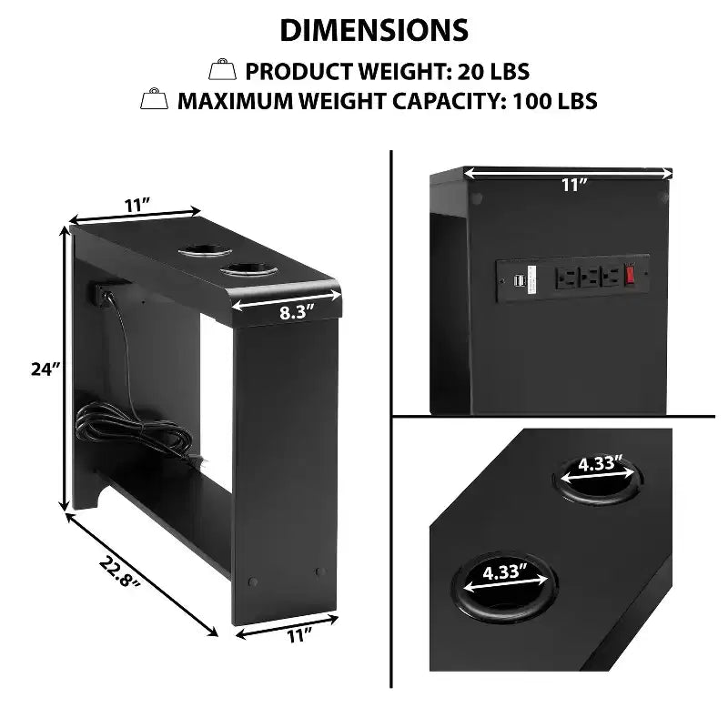 Mesa auxiliar de Home Imports Emporium con puertos USB y tomas de corriente, mesa auxiliar estrecha para dormitorio y sala de estar