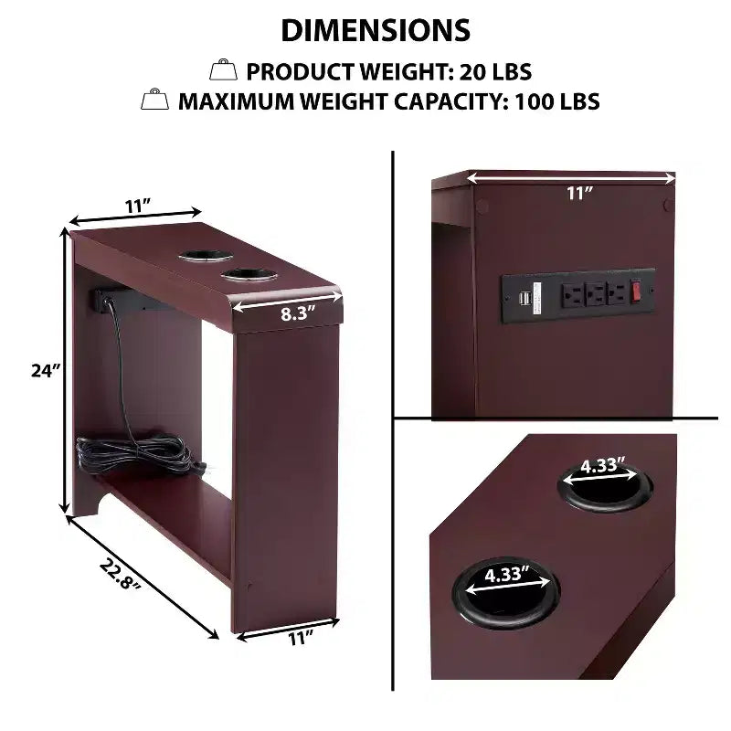 Mesa auxiliar de Home Imports Emporium con puertos USB y tomas de corriente, mesa auxiliar estrecha para dormitorio y sala de estar