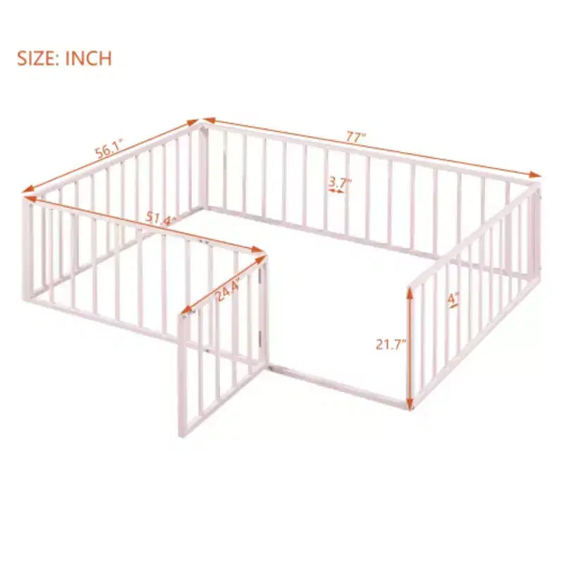 Estructura de cama de metal rosa de tamaño completo con valla y función de puerta