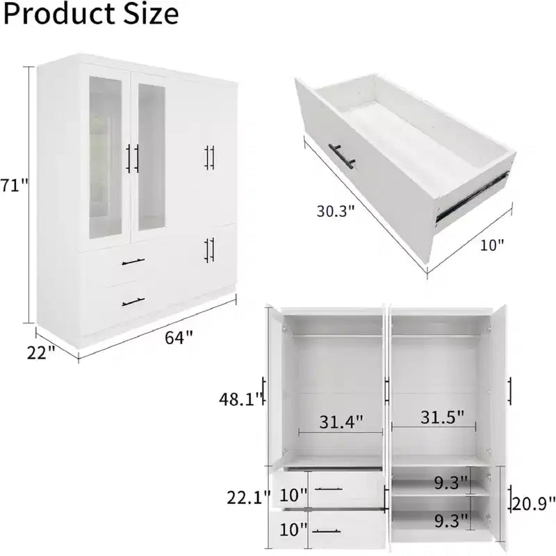 Armario de madera blanca de 160 cm con 2 cajones y 6 puertas Keloyid