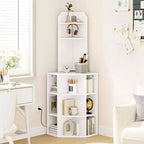 Estantería esquinera de 6 niveles Costway, estantería esquinera de 63 pulgadas de alto con 2 puertos USB y estación de carga, marrón/blanco
