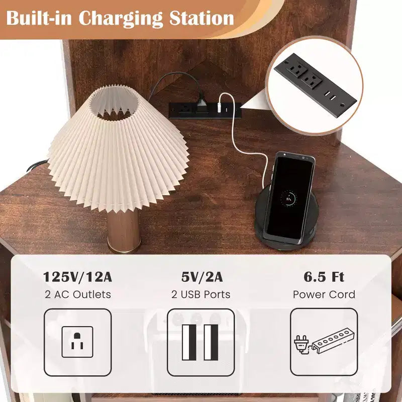 Estantería esquinera de 6 niveles Costway, estantería esquinera de 63 pulgadas de alto con 2 puertos USB y estación de carga, marrón/blanco