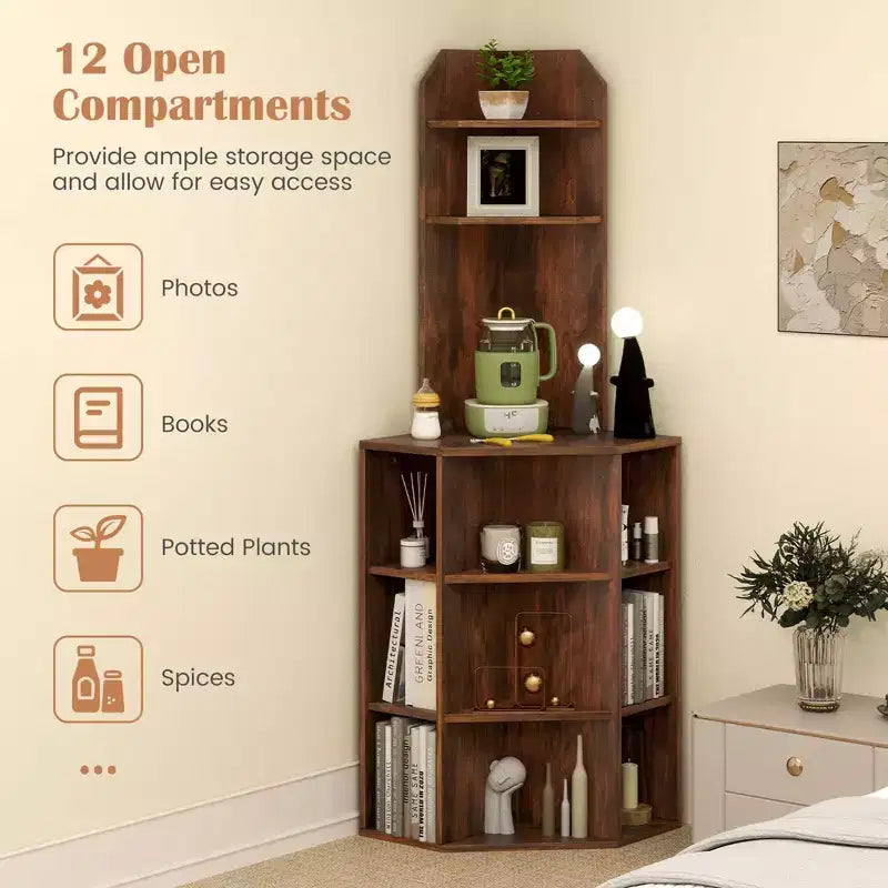 Estantería esquinera de 6 niveles Costway, estantería esquinera de 63 pulgadas de alto con 2 puertos USB y estación de carga, marrón/blanco