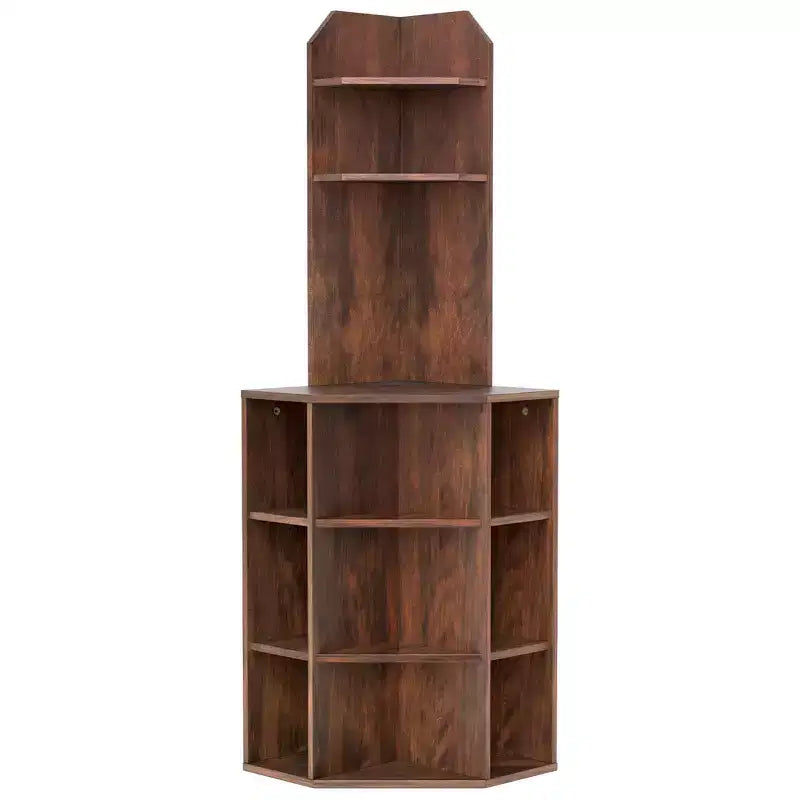 Estantería esquinera de 6 niveles Costway, estantería esquinera de 63 pulgadas de alto con 2 puertos USB y estación de carga, marrón/blanco