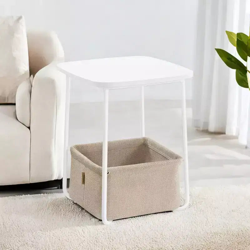 Mesita de noche moderna con cesta de tela, mesa auxiliar cuadrada para cama, mesa de centro, mesa auxiliar para sala de estar, dormitorio, blanco mate y marrón camello