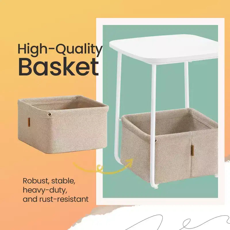 Mesita de noche moderna con cesta de tela, mesa auxiliar cuadrada para cama, mesa de centro, mesa auxiliar para sala de estar, dormitorio, blanco mate y marrón camello