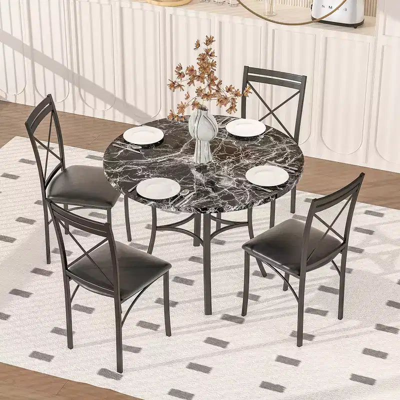 VECELO Mesa de comedor redonda de 36 pulgadas para 4, cubierta de mesa de bar de imitación mármol con patas de metal para cocina, espacios pequeños